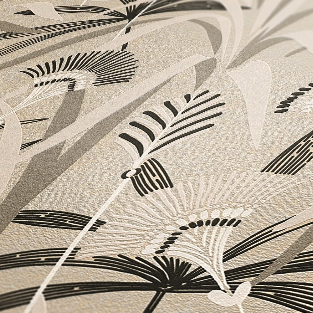 AS Creation French Affair 399361 close up of textured wallpaper showing abstract botanical fronds and curved lines in Beige, Black, Grey, Taupe, White.