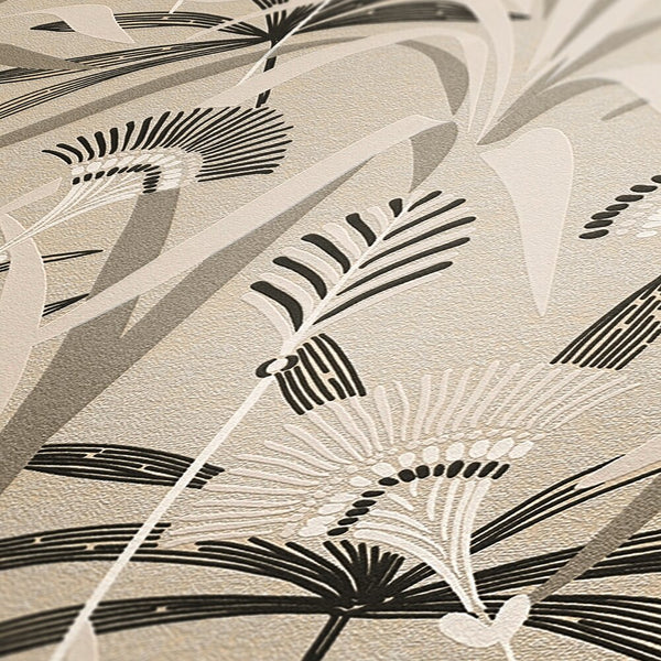 AS Creation French Affair 399361 close up of textured wallpaper showing abstract botanical fronds and curved lines in Beige, Black, Grey, Taupe, White.