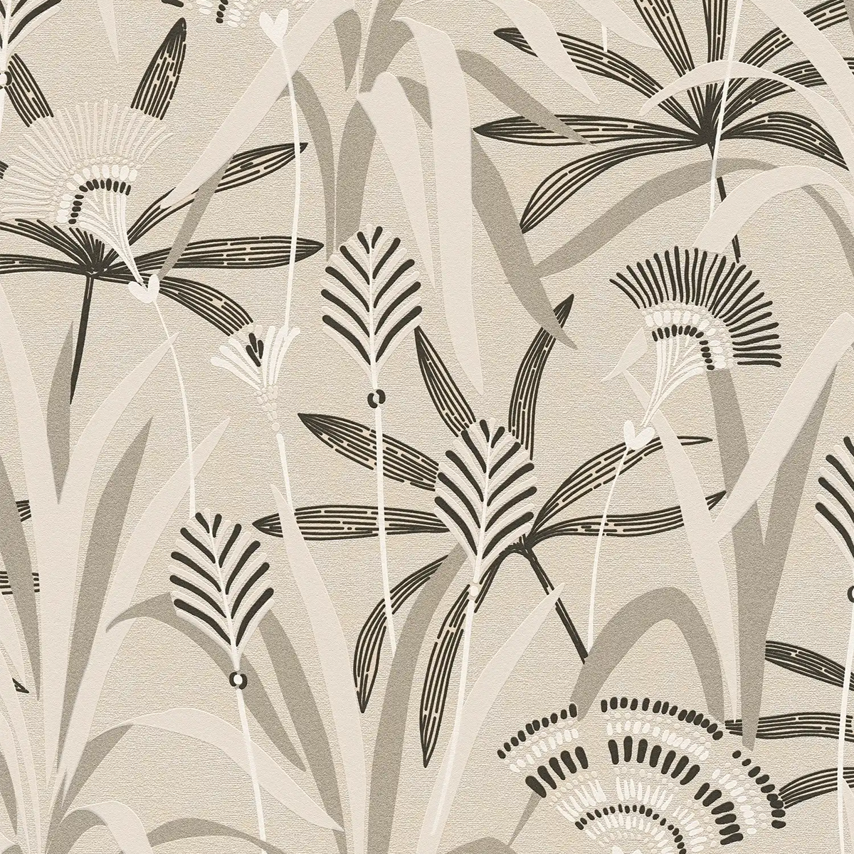 AS Creation French Affair 399361 beige and taupe leafy floral wallpaper with black graphic detailing on a softly textured nonwoven surface.