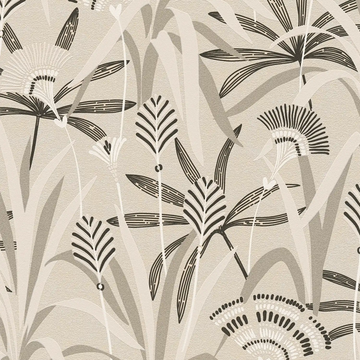 AS Creation French Affair 399361 beige and taupe leafy floral wallpaper with black graphic detailing on a softly textured nonwoven surface.