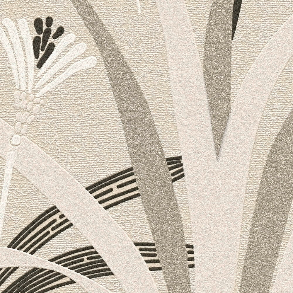 AS Creation French Affair 399361 close up of textured wallpaper showing overlapping curved bands and a small botanical sprig in Beige, Black, Grey, Taupe, and White.