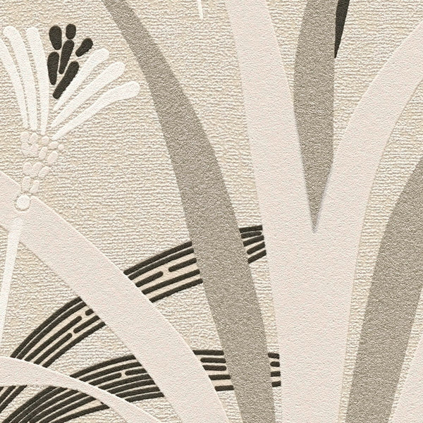 AS Creation French Affair 399361 close up of textured wallpaper showing overlapping curved bands and a small botanical sprig in Beige, Black, Grey, Taupe, and White.