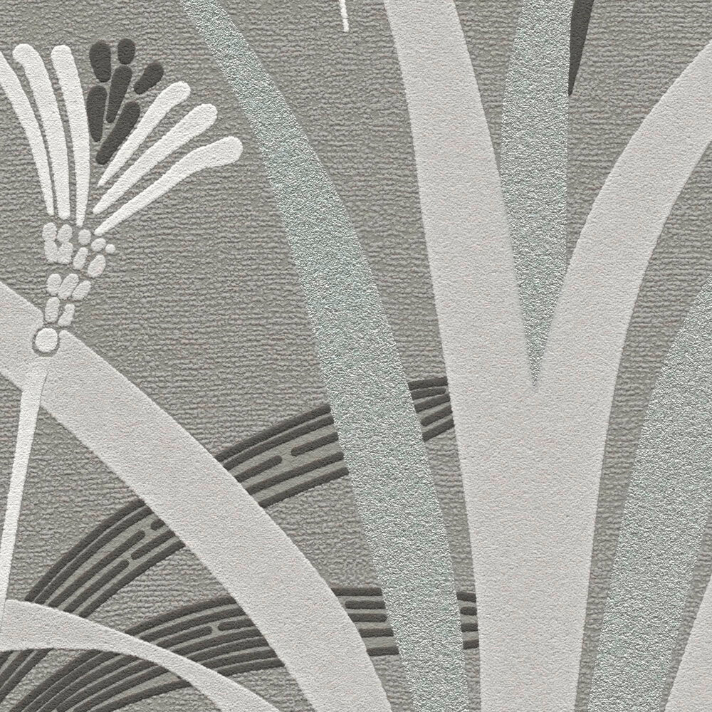 AS Creation French Affair 399362 close up of textured wallpaper with abstract floral and leaf shapes in Black, Grey, Turquoise, and White.
