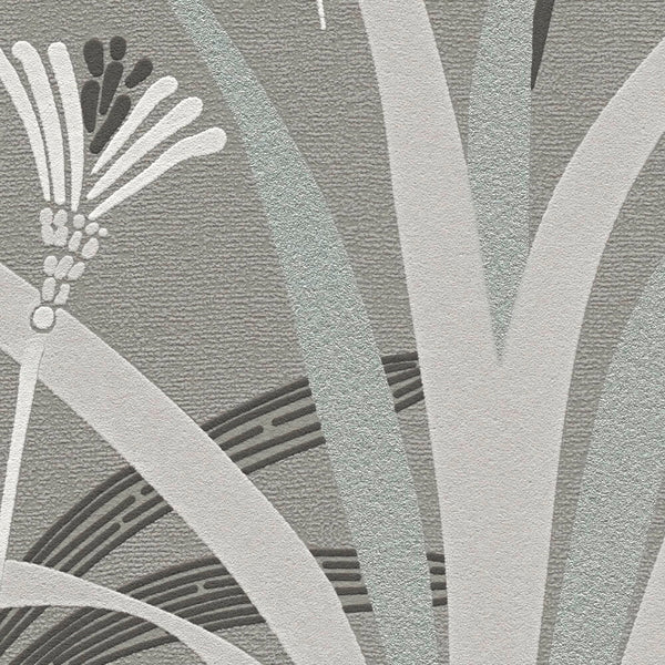AS Creation French Affair 399362 close up of textured wallpaper with abstract floral and leaf shapes in Black, Grey, Turquoise, and White.
