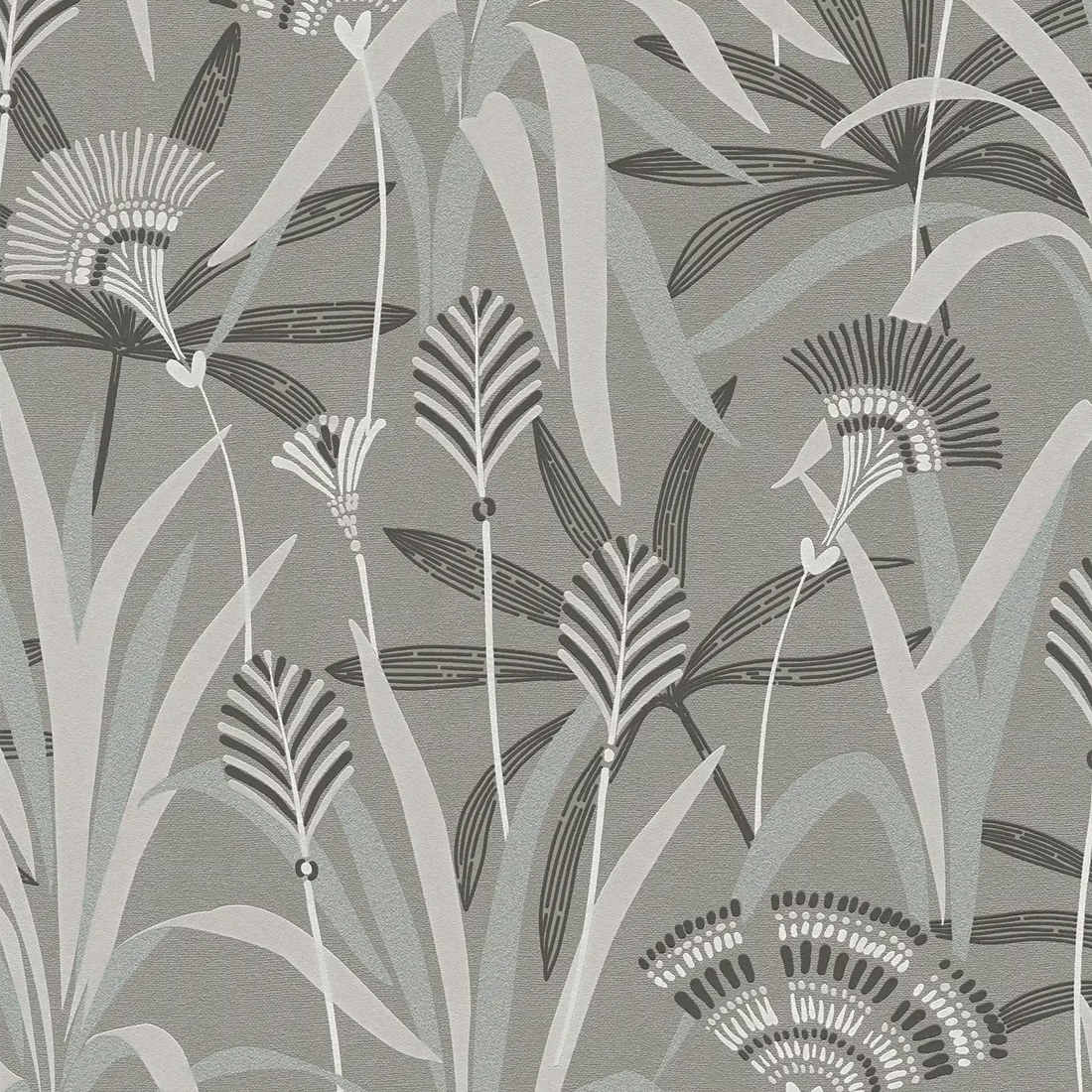 AS Creation French Affair 399362 grey black and turquoise leafy floral nonwoven wallpaper with embossed texture