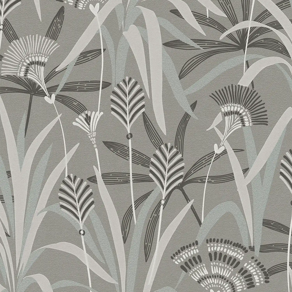 AS Creation French Affair 399362 grey black and turquoise leafy floral nonwoven wallpaper with embossed texture