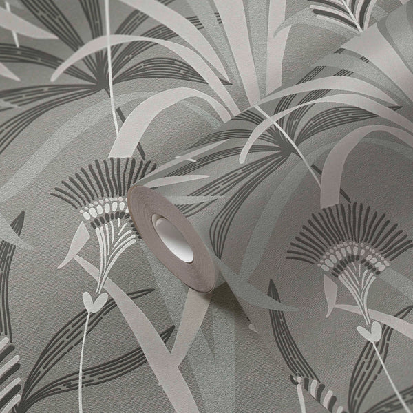 AS Creation French Affair 399362 stylized botanical pattern with layered leaves and fan like flower heads in the Black, Grey, Turqouq wallpaper roll showing its textured surface and finish.
