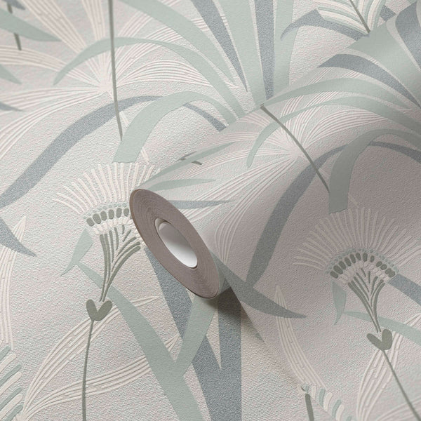 AS Creation French Affair 399363 stylized botanical motif with arcing leaves and fan like flowers wallpaper roll showing its textured surface and finish.