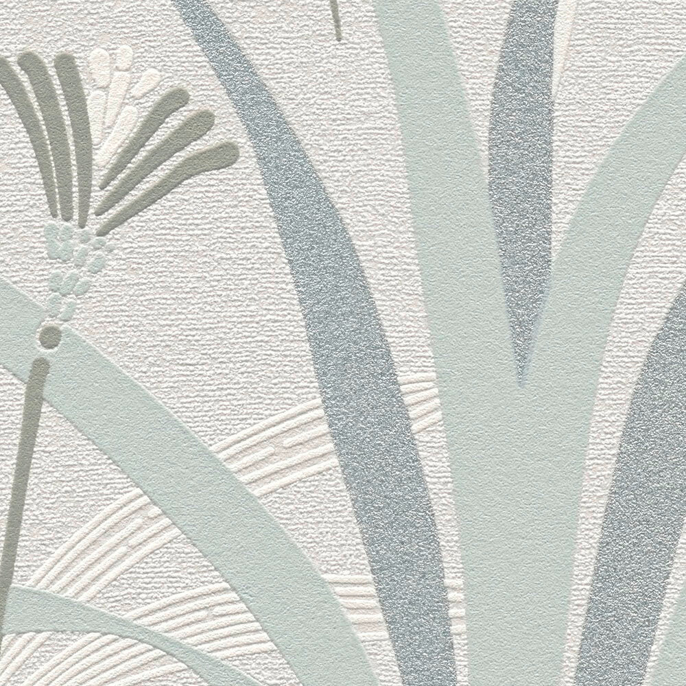 AS Creation French Affair 399363 close up of textured wallpaper with stylized botanical leaves and arcs in Green, Grey, Turquoise, and White.