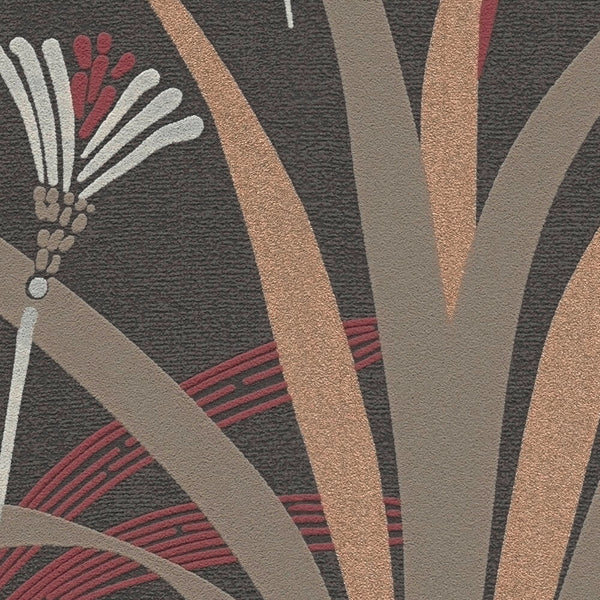 AS Creation French Affair 399364 close up of wallpaper with an abstract floral motif and sweeping Beige and Copper bands with Cream details and Red linear accents on a Black background, showing a textured surface.