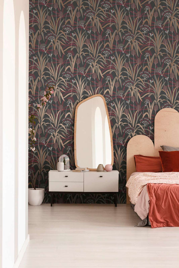 AS Creation French Affair 399364 bedroom with botanical wallpaper behind a bed and a dresser.
