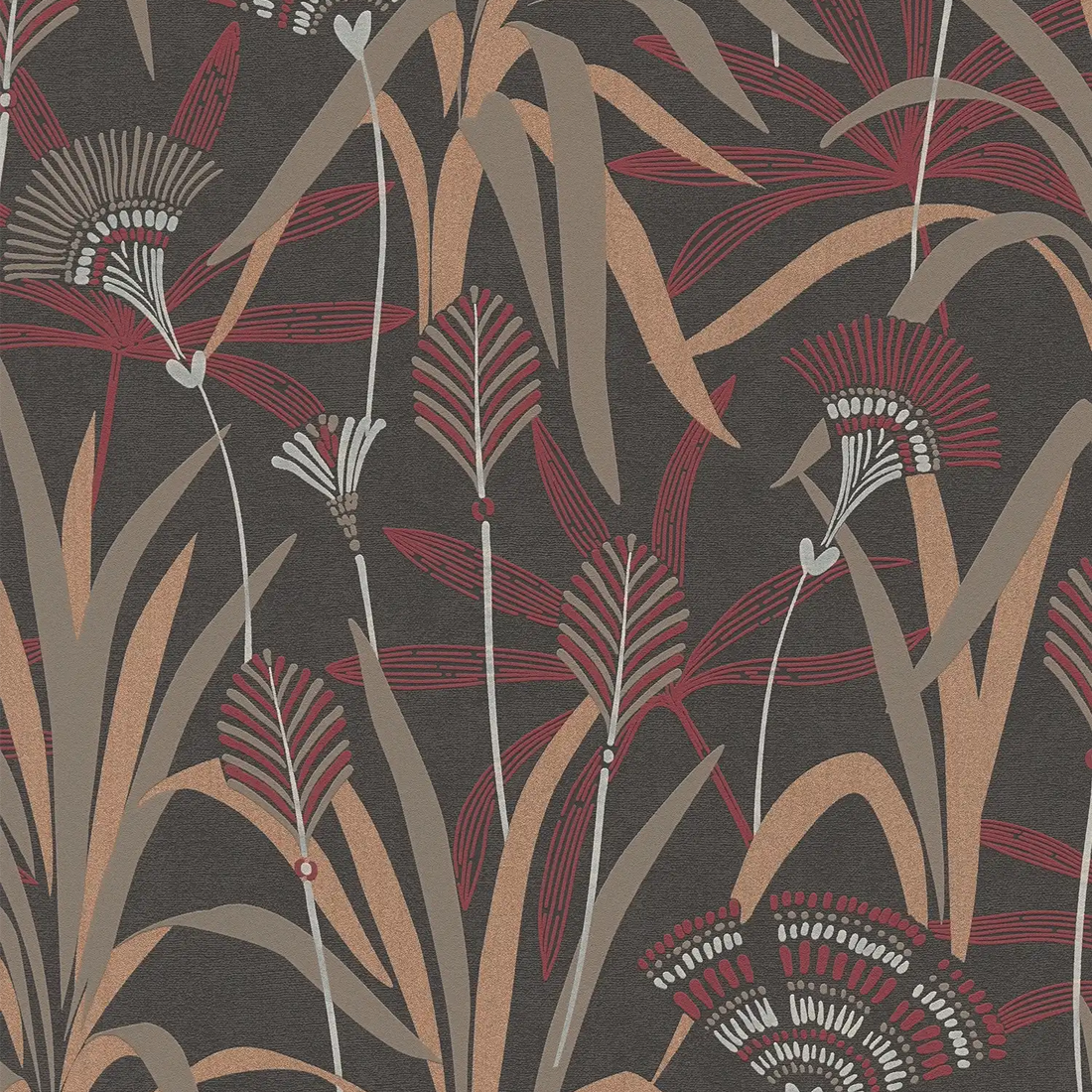AS Creation French Affair 399364 floral wallpaper in black, beige, copper, cream, and red with embossed texture