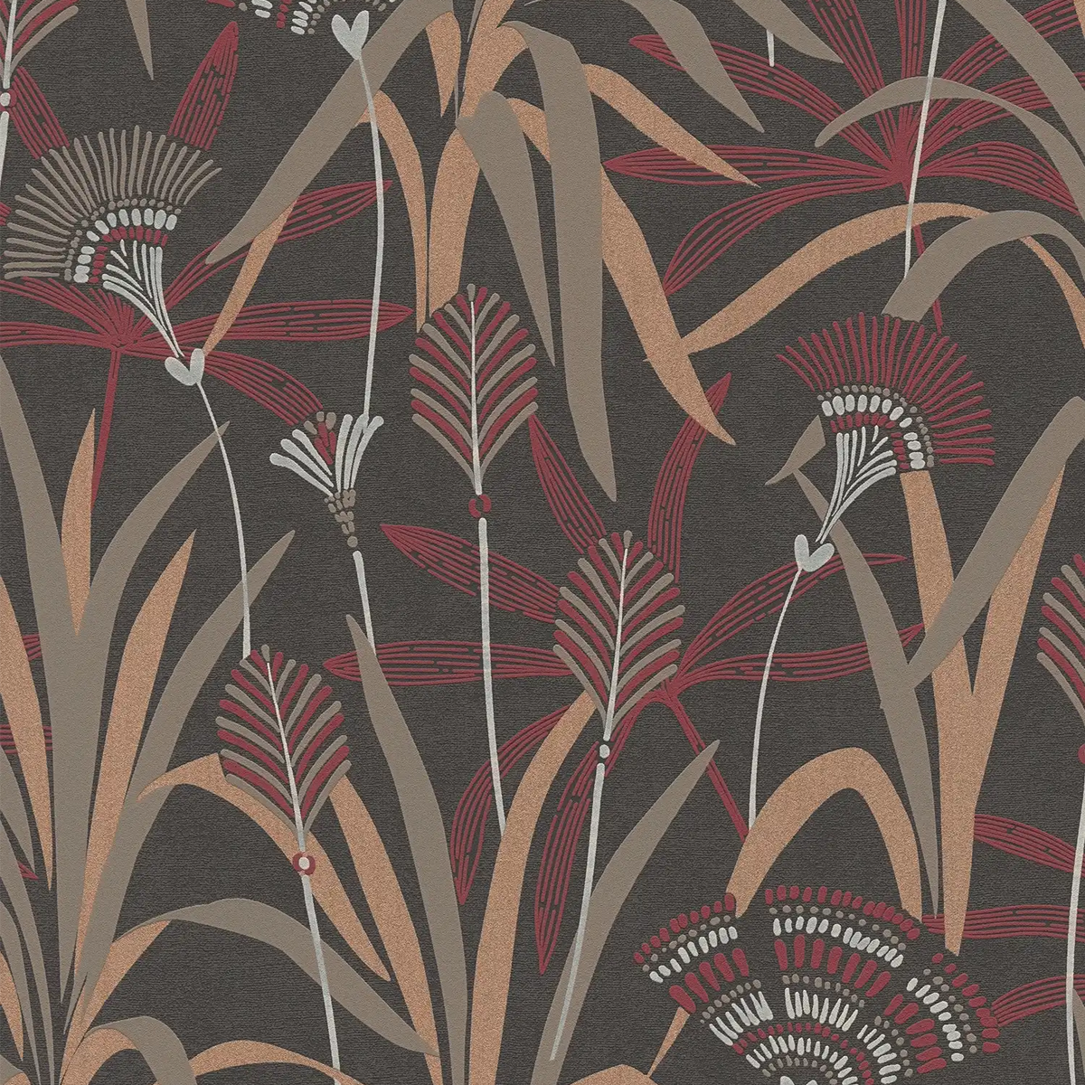 AS Creation French Affair 399364 floral wallpaper in black, beige, copper, cream, and red with embossed texture