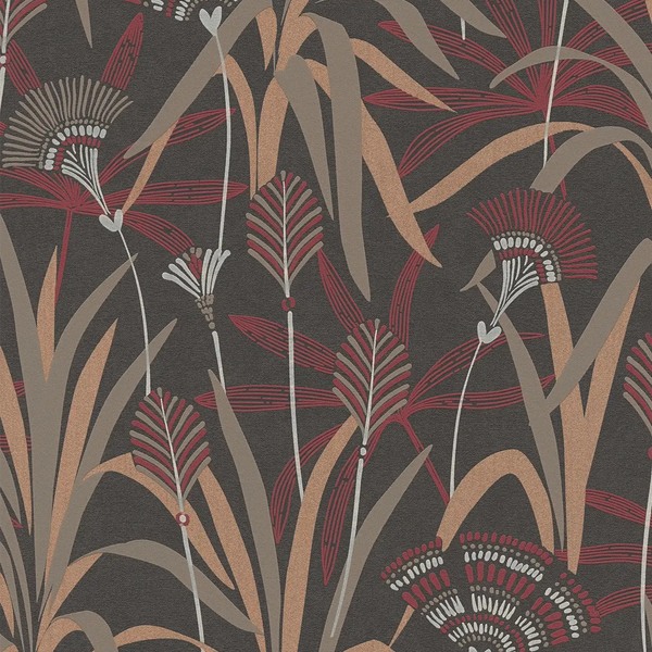 AS Creation French Affair 399364 floral wallpaper in black, beige, copper, cream, and red with embossed texture