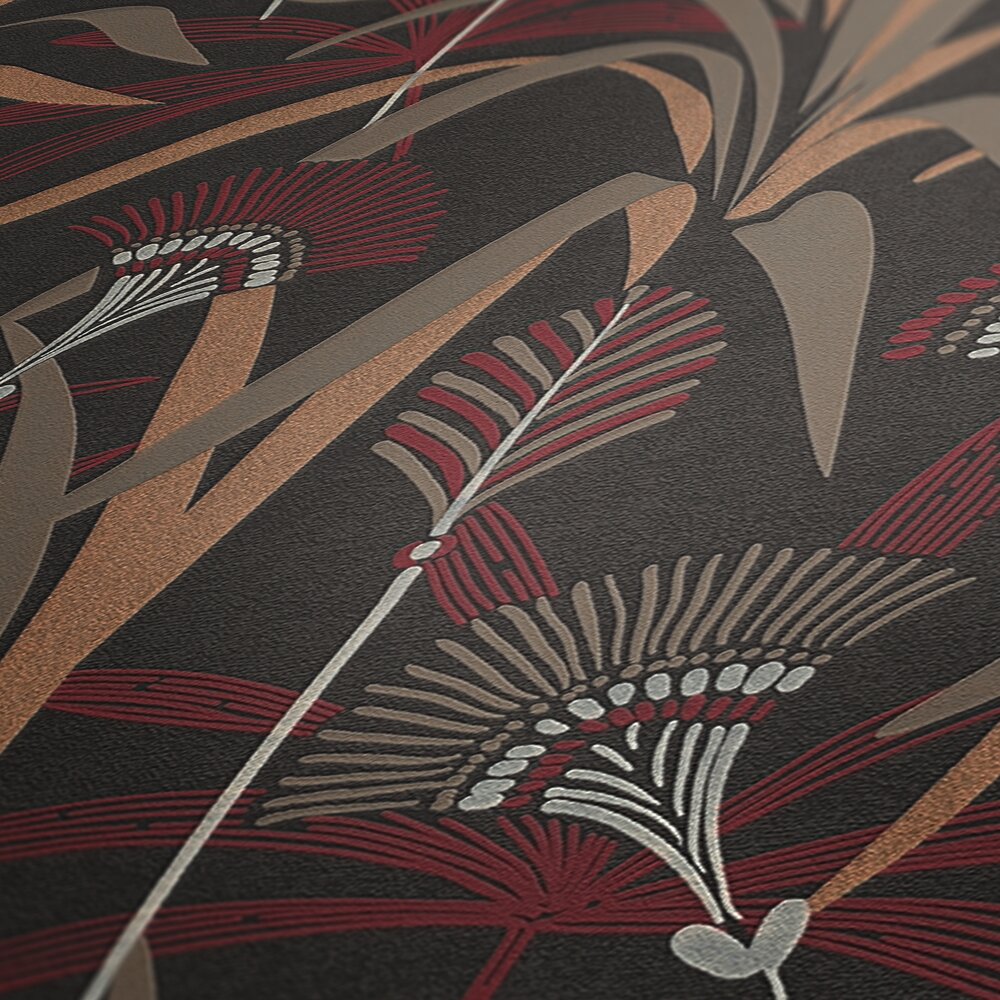 AS Creation French Affair 399364 close up of wallpaper with stylized botanical fronds and linear accents in Beige, Black, Copper, Cream, and Red.
