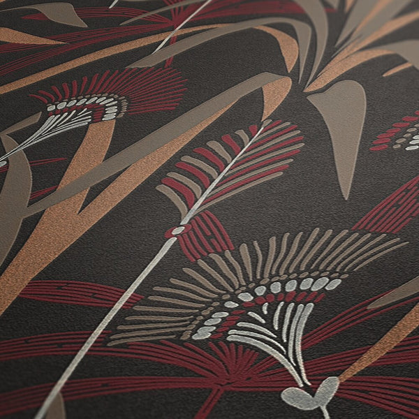 AS Creation French Affair 399364 close up of wallpaper with stylized botanical fronds and linear accents in Beige, Black, Copper, Cream, and Red.