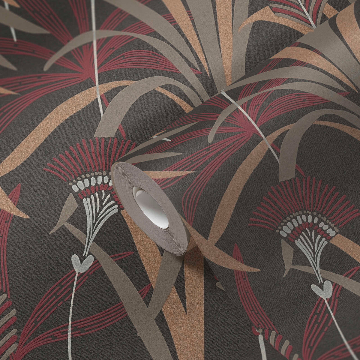 AS Creation French Affair 399364 close up of a wallpaper roll on matching paper featuring a stylized botanical pattern in Beige, Black, Copper, Cream, and Red.