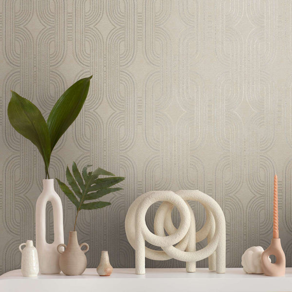 AS Creation French Affair 399371 geometric arch and loop motif formed by fine dotted lines with metallic accents wallpaper shown in a styled detail.