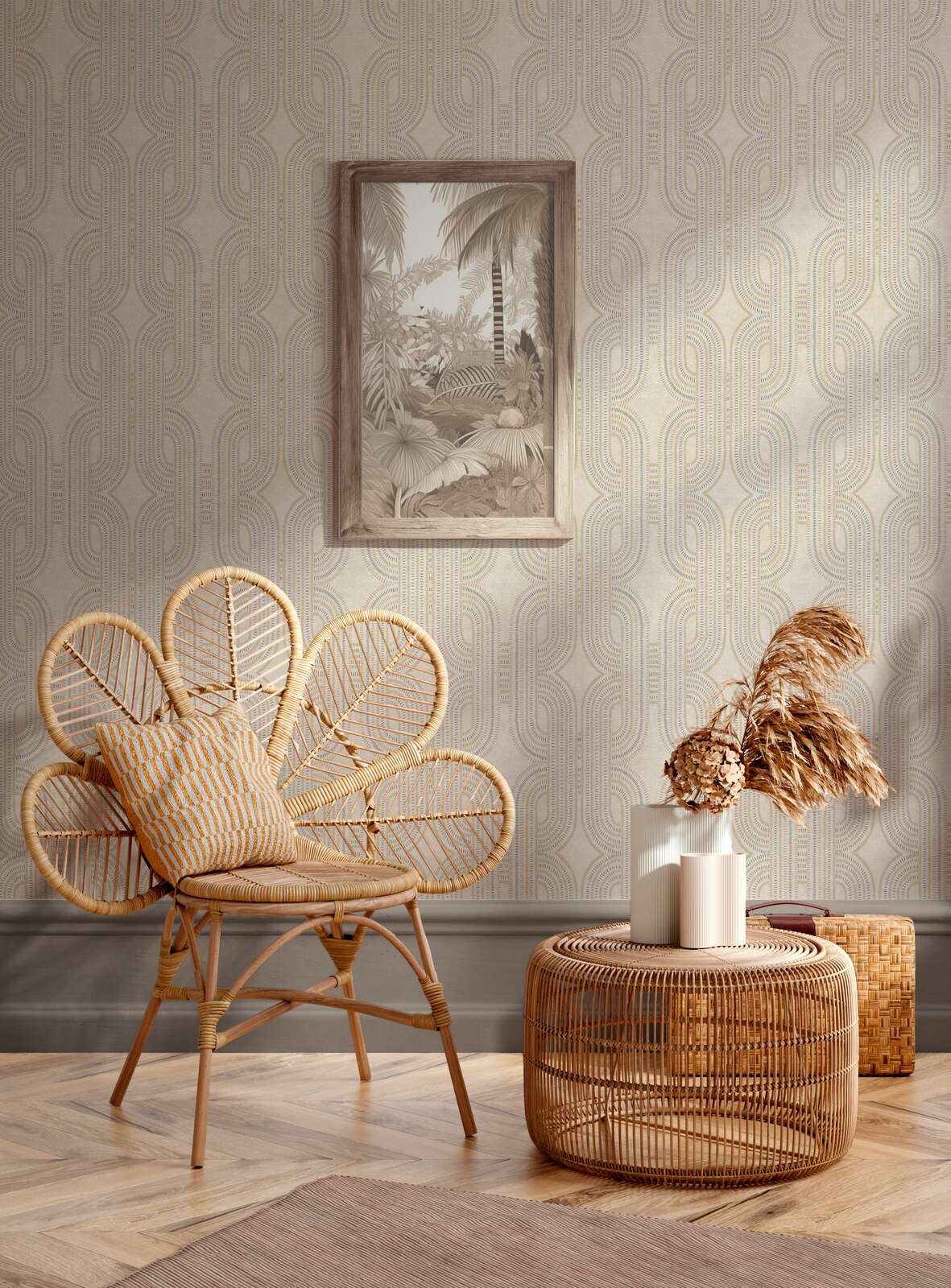 AS Creation French Affair 399371 living room with geometric wallpaper behind a rattan chair and a round wicker table.