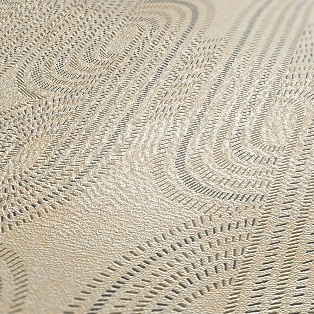 AS Creation French Affair 399371 close up of textured wallpaper with curved geometric arcs and dashed lines, showing metallic accents in Beige, Gold, Grey, Metallic.