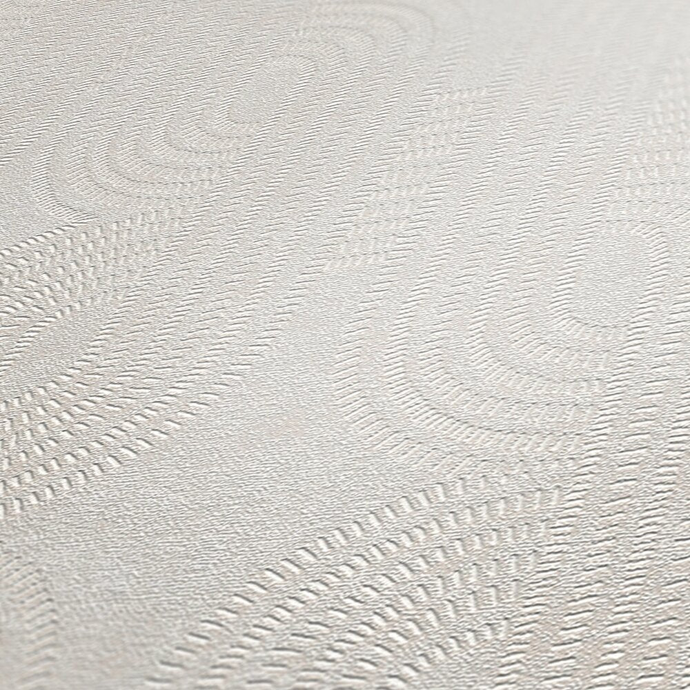 AS Creation French Affair 399372 close up of Grey and White wallpaper showing raised curved line texture with soft geometric arcs.