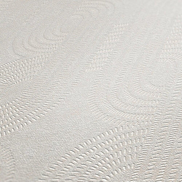 AS Creation French Affair 399372 close up of Grey and White wallpaper showing raised curved line texture with soft geometric arcs.