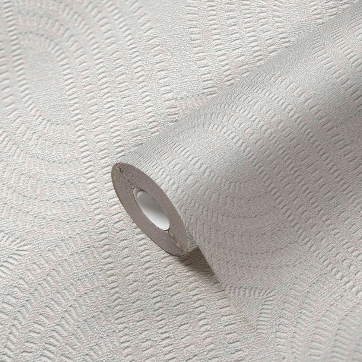 AS Creation French Affair 399372 close up of a Grey and White textured wallpaper roll with a repeating arched dash pattern on a matching unrolled sheet.
