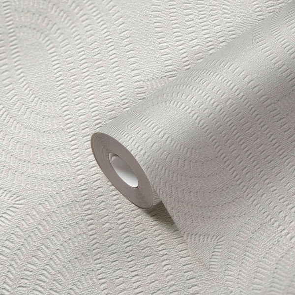 AS Creation French Affair 399372 close up of a Grey and White textured wallpaper roll with a repeating arched dash pattern on a matching unrolled sheet.