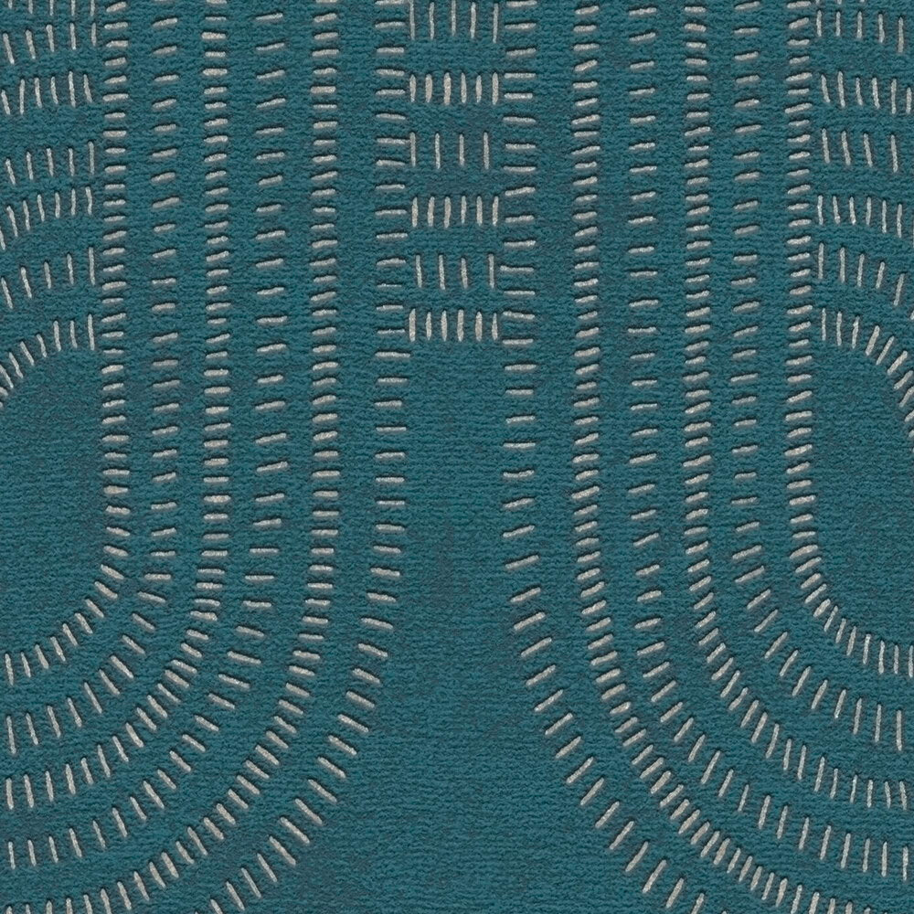 AS Creation French Affair 399373 close up of wallpaper with Beige dash lines forming arching geometric bands on a Blue/Turquoise ground.