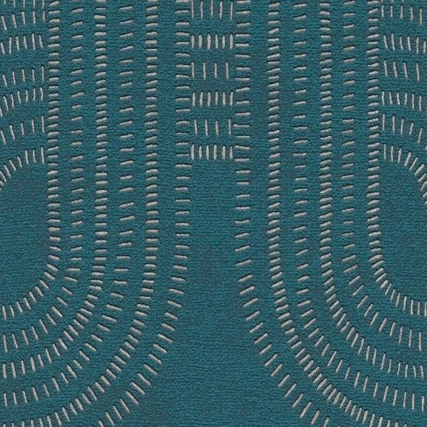 AS Creation French Affair 399373 close up of wallpaper with Beige dash lines forming arching geometric bands on a Blue/Turquoise ground.