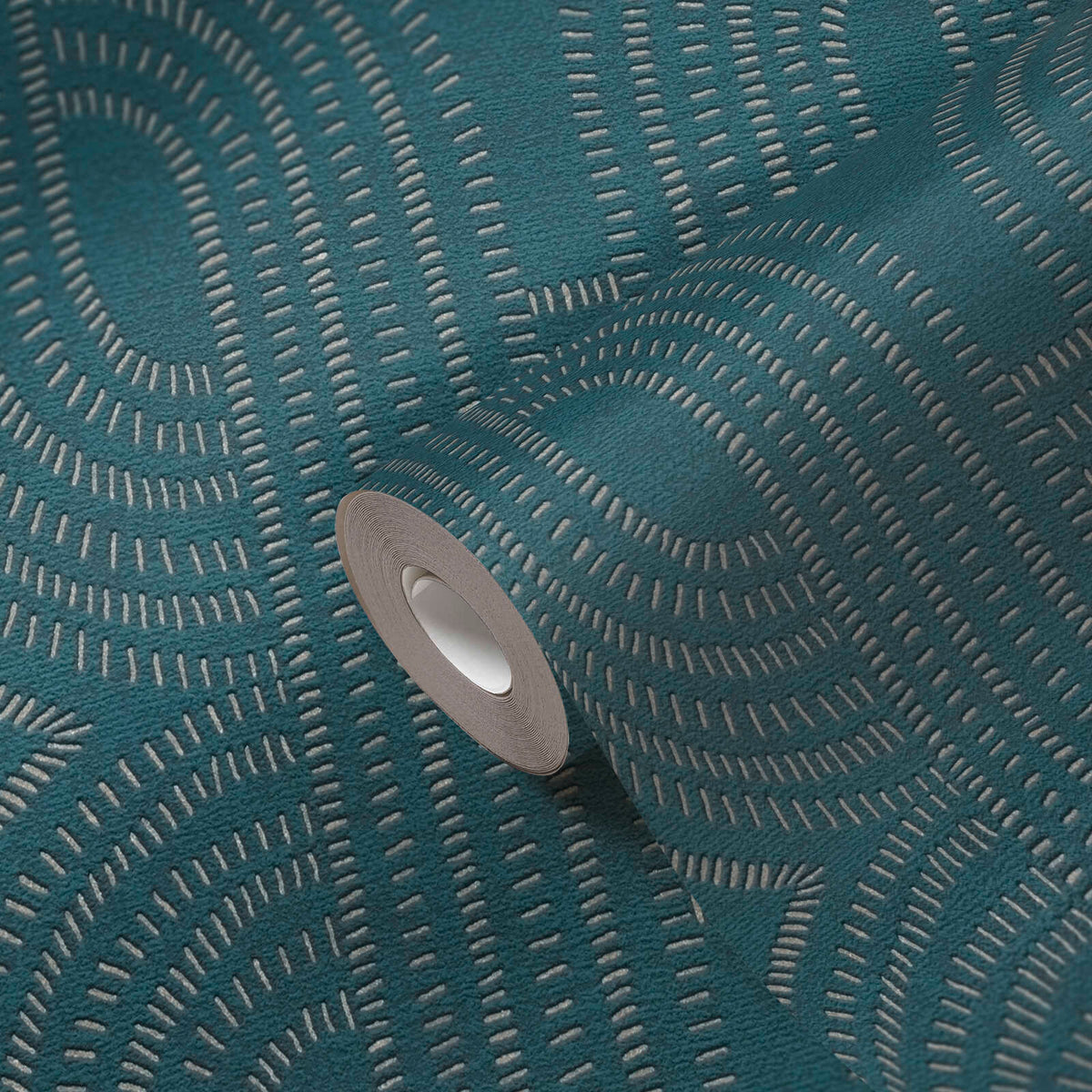 AS Creation French Affair 399373 wallpaper roll on matching surface displaying a curved dashed line pattern in Turquoise, Beige, and Gold.