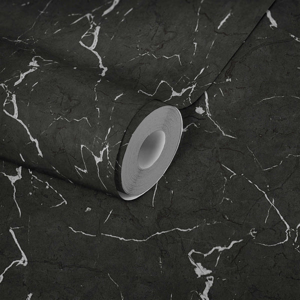 AS Creation Metropolitan Stories Ii 378552 wallpaper roll with a marble look veined design in the Black, Grey, Metallic colorway.