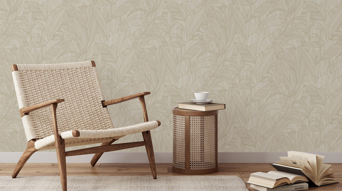 Neutral living area featuring Cameo leaf pattern wallpaper