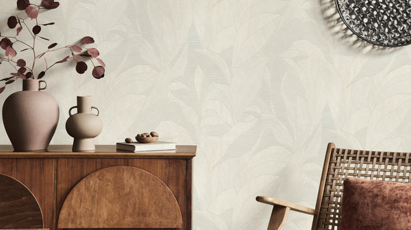 Cameo leaf wallpaper paired with warm wood furniture