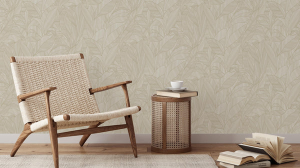 Erismann Cameo 10530-02 neutral botanical leaf wallpaper in a cozy seating nook