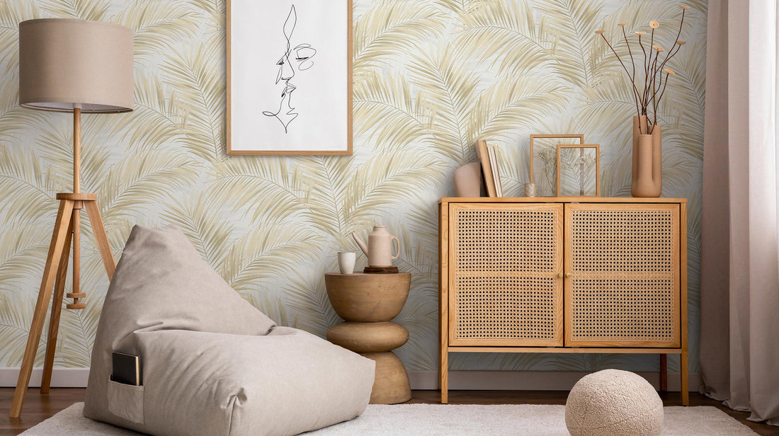 Close-up of Erismann Cameo 10531-15 palm leaf wallpaper in charcoal grey with soft beige fronds.