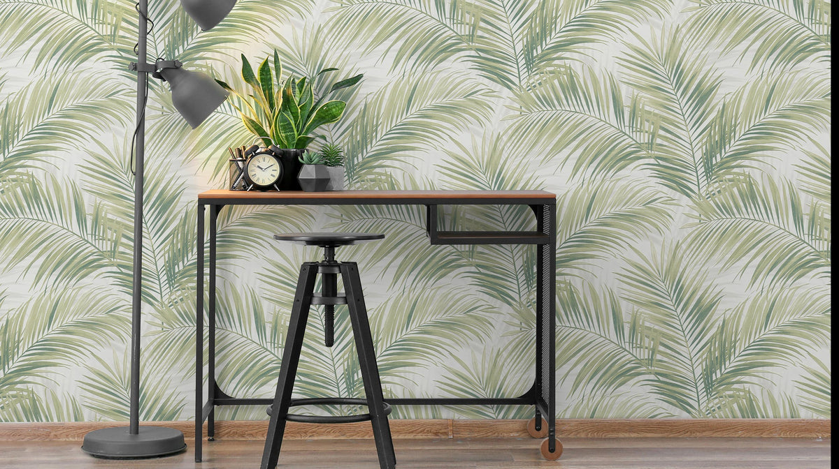 Workspace styled with green palm frond variant from Erismann Cameo collection for scale and pattern reference.