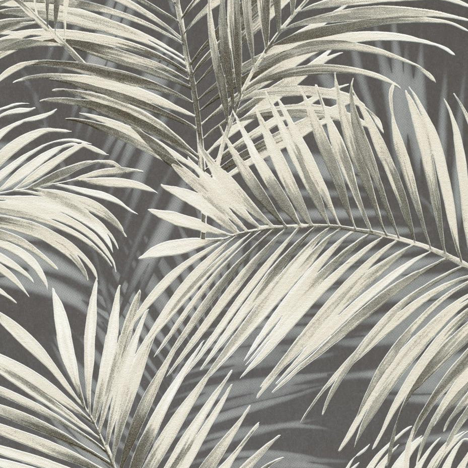 Close-up of Erismann Cameo 10531-15 palm leaf wallpaper in charcoal grey with soft beige fronds.
