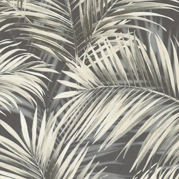 Close-up of Erismann Cameo 10531-15 palm leaf wallpaper in charcoal grey with soft beige fronds.