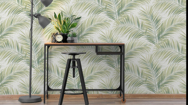 Workspace styled with the Cameo palm leaf wallpaper in green colorway to show scale