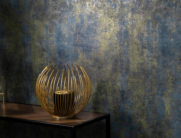Erismann Elle Decoration 4 textured blue and green wallpaper in modern interior with decorative gold accent
