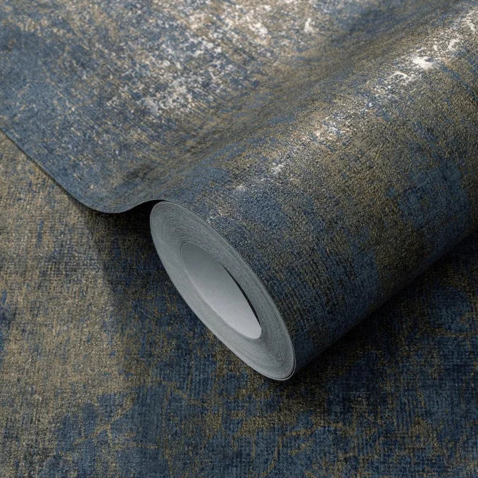 Erismann Elle Decoration 4 textured blue and green wallpaper in modern interior with decorative gold accent roll detail