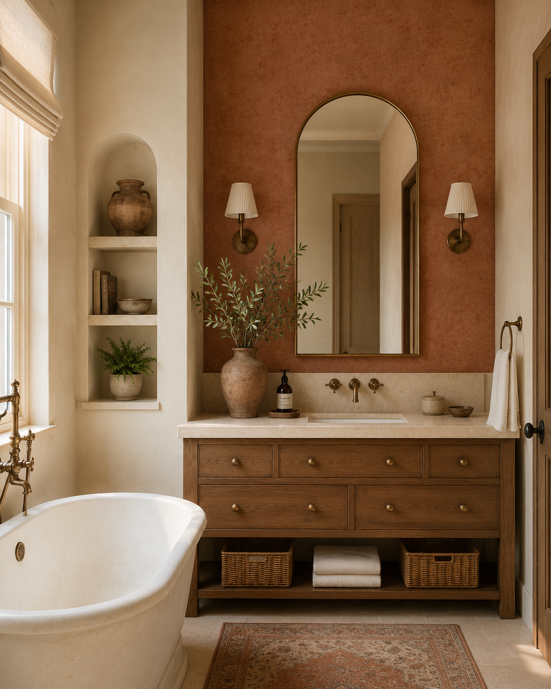 Erismann Elle Decoration 4 terracotta textured wallpaper with soft plaster-like finish in a traditional Tuscan hom bathroom