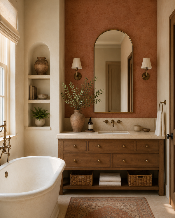 Erismann Elle Decoration 4 terracotta textured wallpaper with soft plaster-like finish in a traditional Tuscan hom bathroom