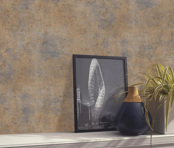 Erismann Elle Decoration 4 textured beige and taupe wallpaper in modern interior with wall shelf and a portrait