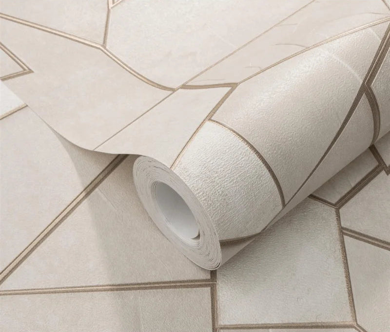 Erismann Elle Decoration 4 beige geometric wallpaper with metallic gold lines and textured finish roll detail
