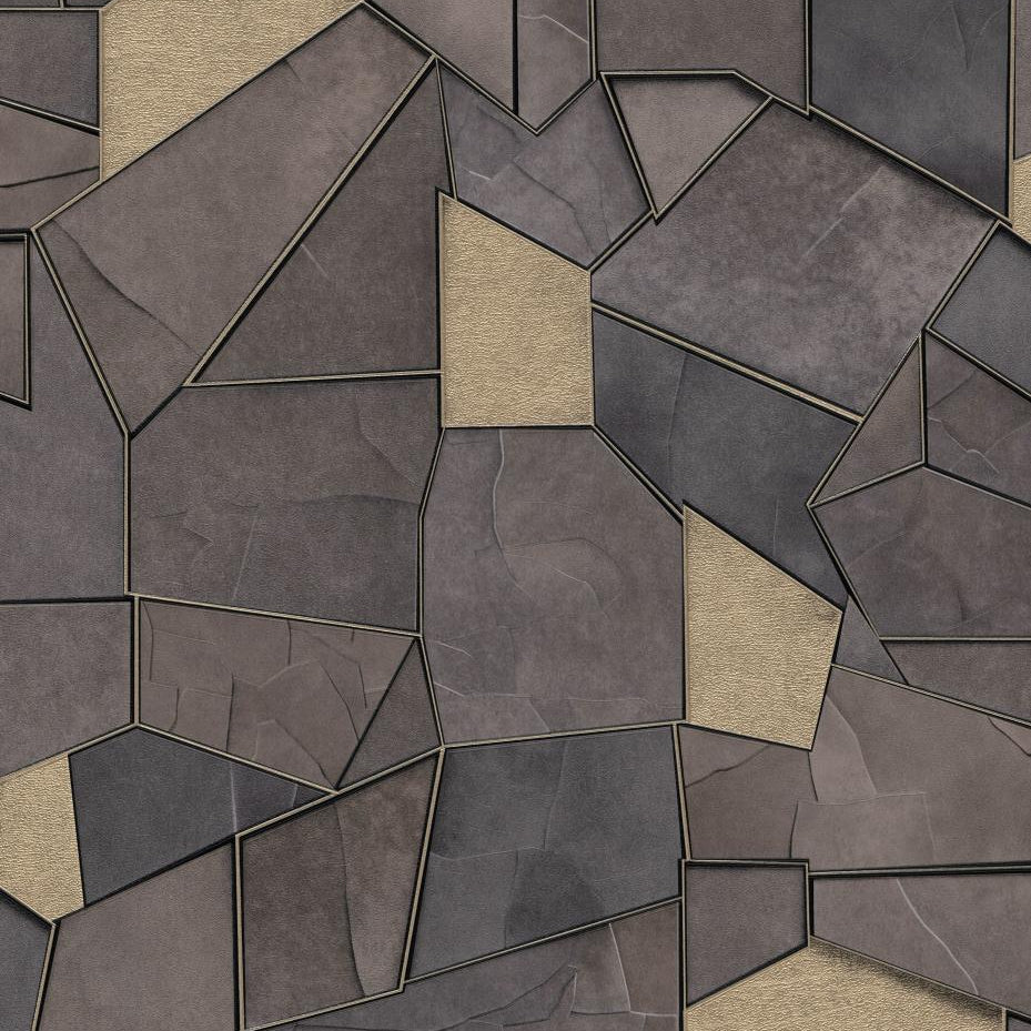 Erismann Elle Decoration 4 charcoal geometric wallpaper with metallic gold accents and textured panels
