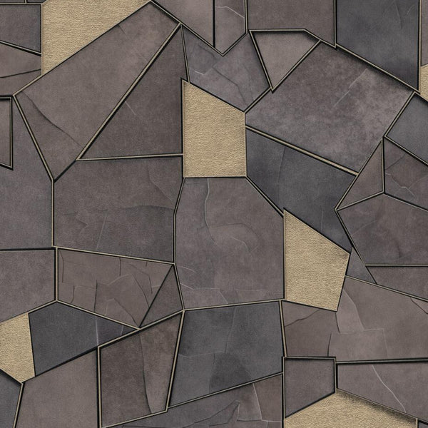 Erismann Elle Decoration 4 charcoal geometric wallpaper with metallic gold accents and textured panels