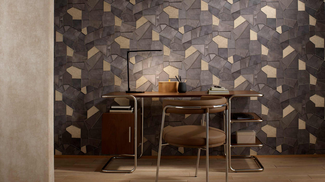 Erismann Elle Decoration 4 charcoal geometric wallpaper with metallic gold accents and textured panels
