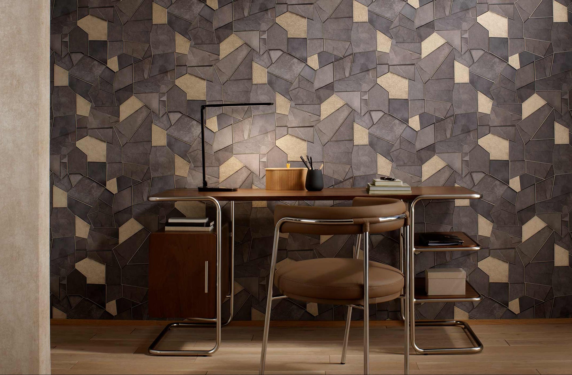 Erismann Elle Decoration 4 geometric wallpaper in dark brown and beige tones with metallic accents in modern office interior